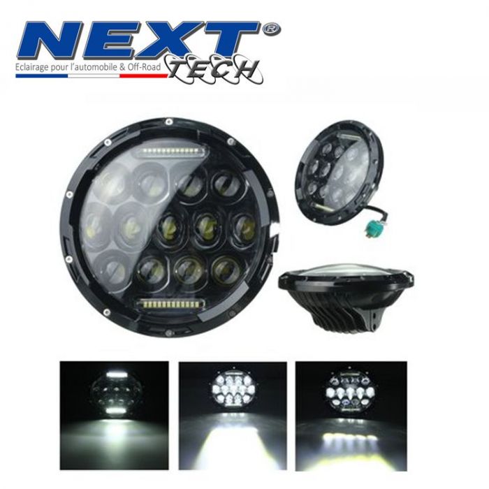 Phare LED rond 180mm pour moto FULL LED avec feux de jour - Noir