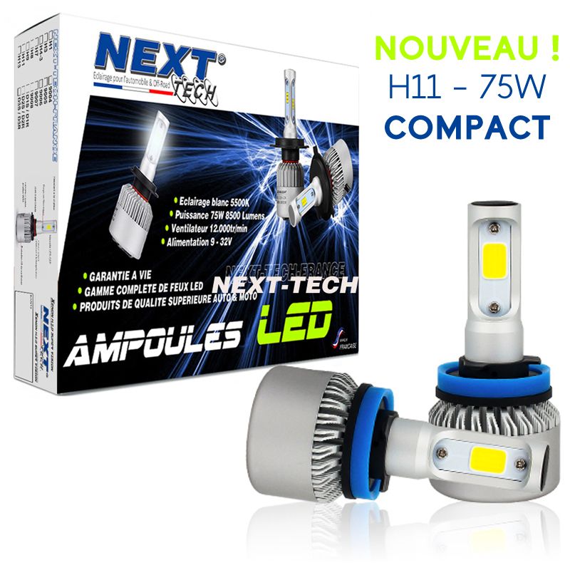 Ampoule moto ventilée H11 LED compacte 75W blanc - Next-Tech®