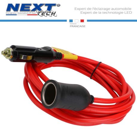 Rallonge Allume-cigare 14AWG 3 Mètres - Mâle/femelle Avec LED Et Fusible 20A - Pour Pompe à Air, Compresseur