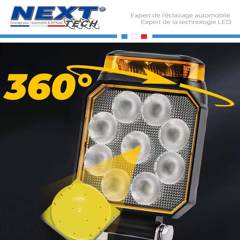 Feu de travail carré à LED 12V - 24V avec gyrophare orange intégré