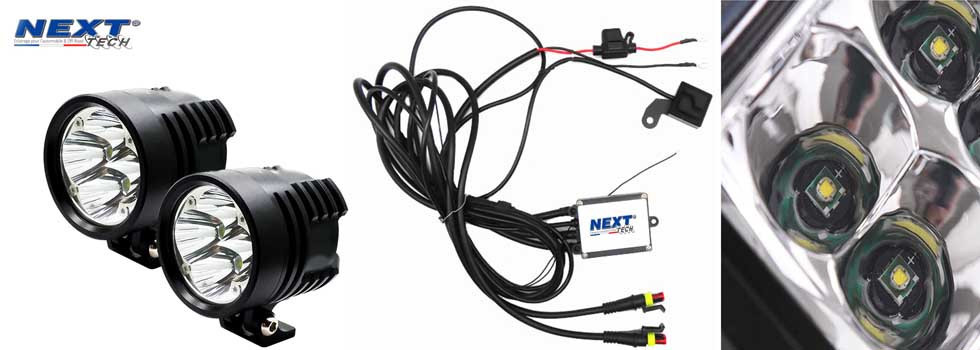 Un kit de phares LED additionnels pour moto complet avec son faisceau électrique